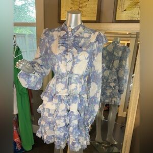 Dalia Macphee long sleeve fit and flare mini dress with ruffle flare *size Large